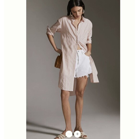 Anthropologie Long Line Cotton Shirt Cover-up Small in Neutral Motif - Picture 5 of 9
